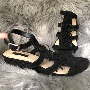 Black faux suede fringe sandal